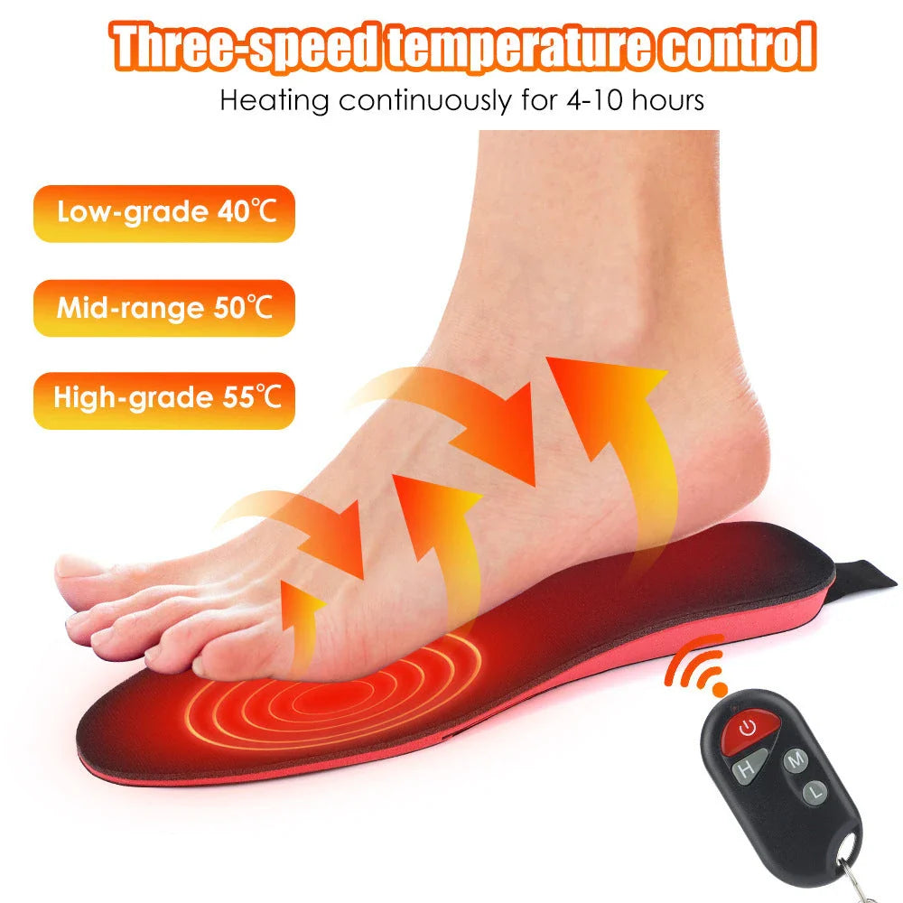 Heated insoles for men and women with rechargeable electric foot warming pads, designed to fit any size boot or shoe