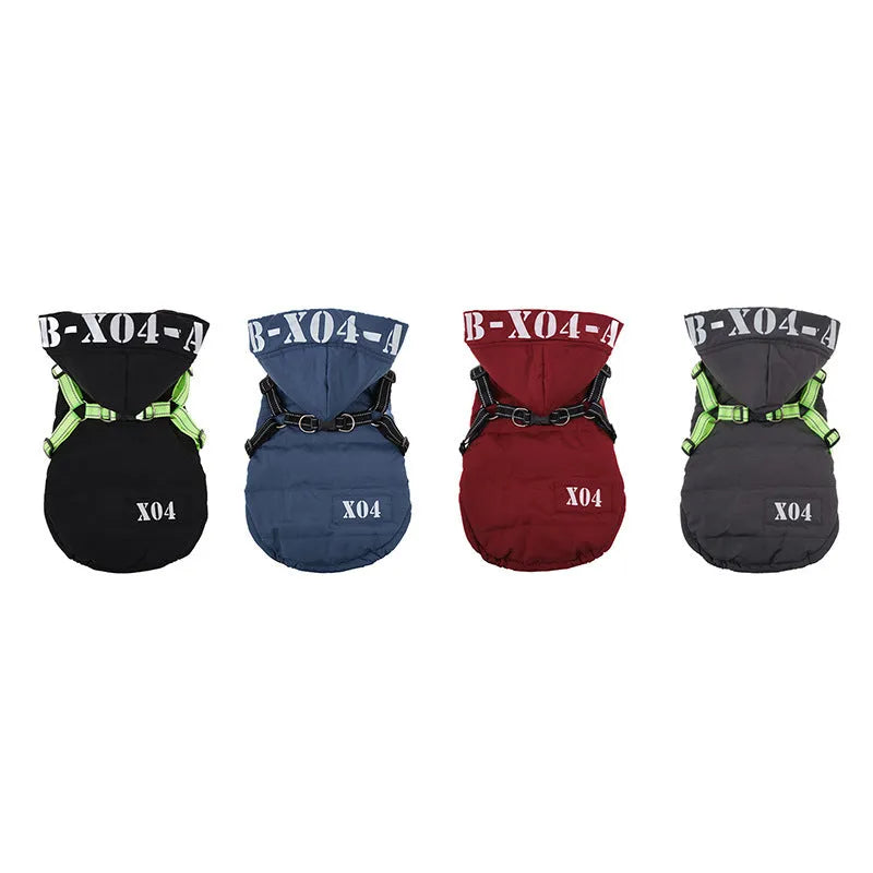 Red fleece-lined waterproof dog winter jacket with hood shown on medium-sized dog