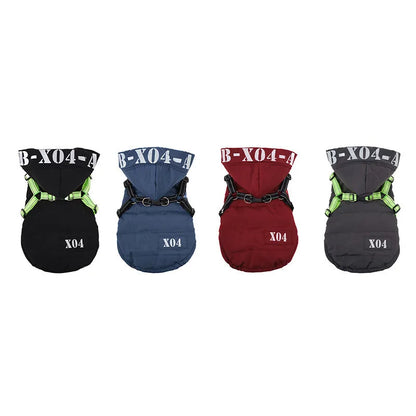 Red fleece-lined waterproof dog winter jacket with hood shown on medium-sized dog