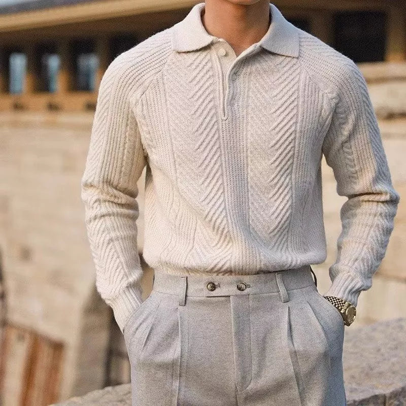 Men's slim fit lapel knitted sweater in gray, black, and apricot colors