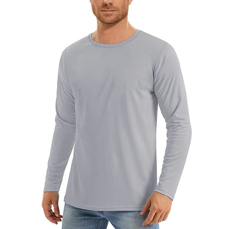 Men's long sleeve UV protection shirt in polyester fabric available in six solid colours with quick-dry properties