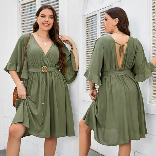 Plus size green V-neck party skirt with ruffle sleeves for women