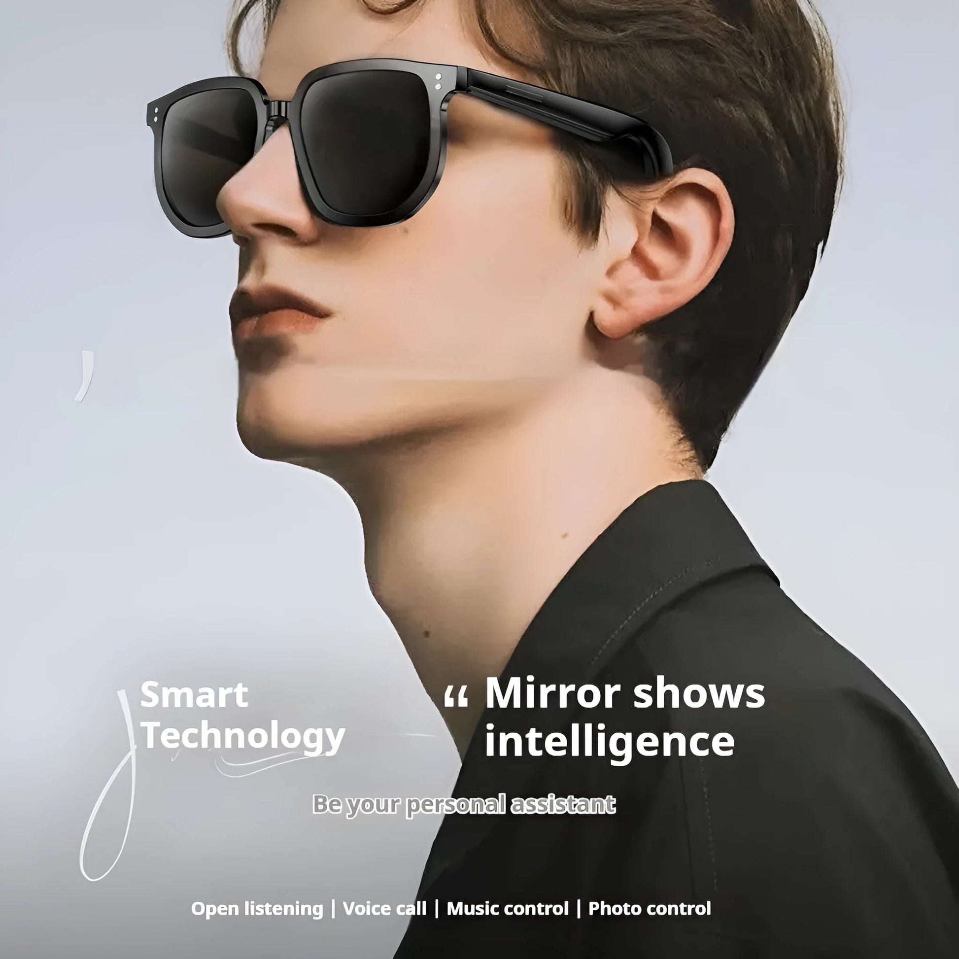 Black AI Smart Glasses with Bluetooth audio, showing touch controls on temple arm and UV400 lenses.