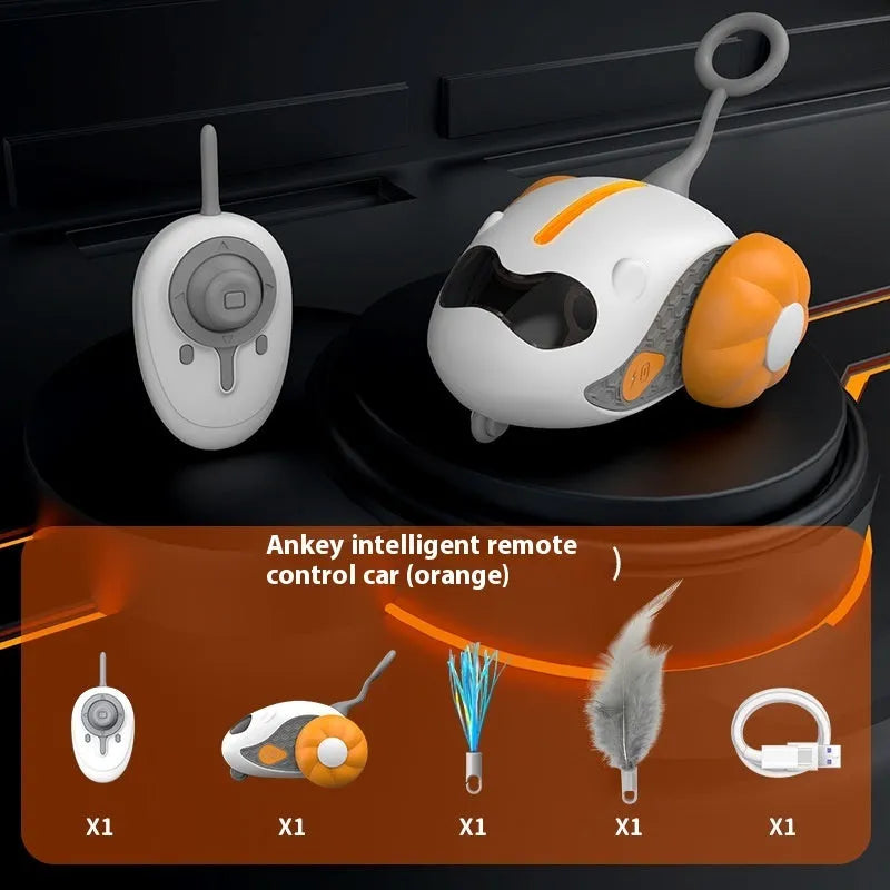 Remote control cat toy with feather teaser on moving car, shown in blue and orange colour options