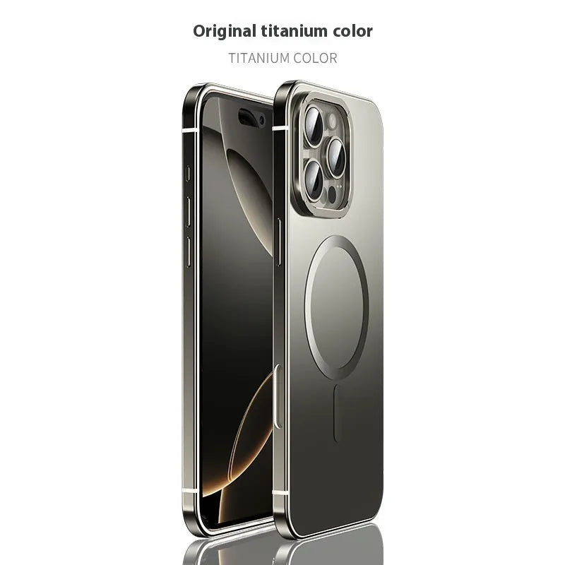 Magnetic suction iPhone case in Desert Gold with stainless steel and acrylic half-pack design and laser finish.