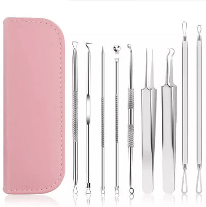 Stainless steel blackhead remover 9-piece set with leather case