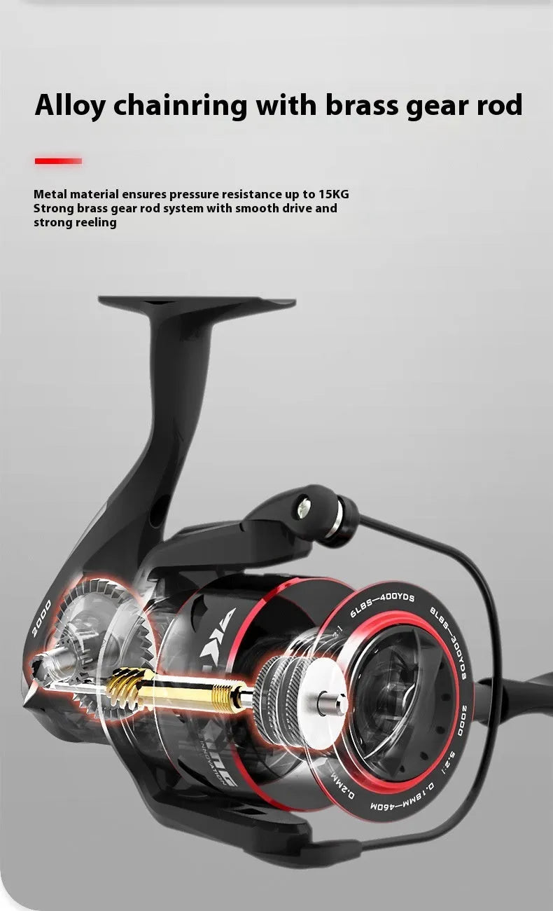 All-metal spinning fishing reel and collapsed telescopic rod combo on a background