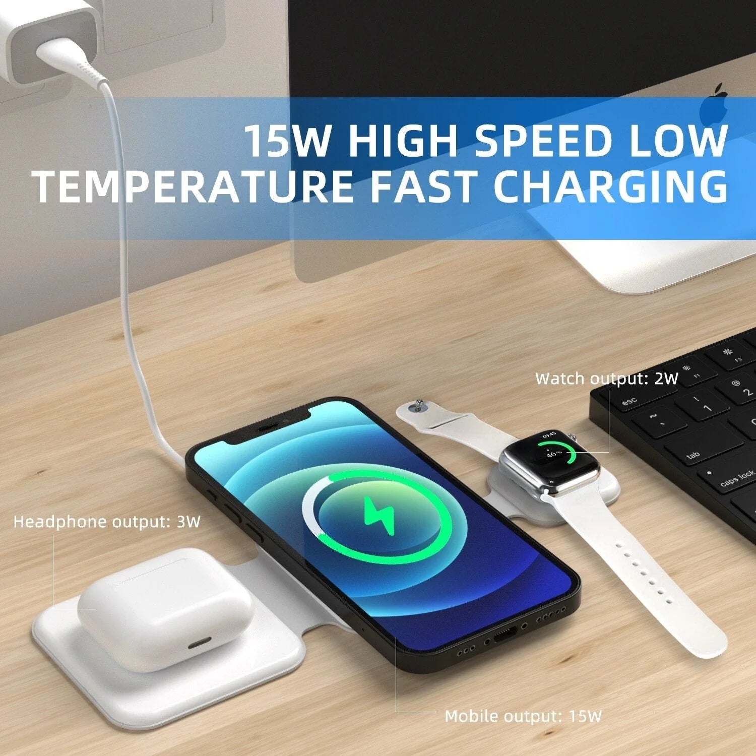 A foldable 3-in-1 wireless charging station with magnetic alignment that can simultaneously charge a phone, smartwatch, and wireless headphones