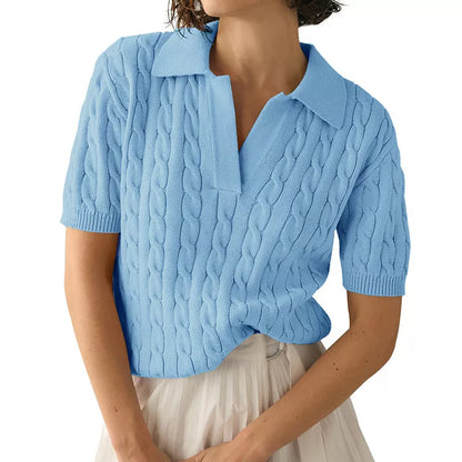 Women's V-Neck Short-Sleeve Knitted Sweater in various solid colors