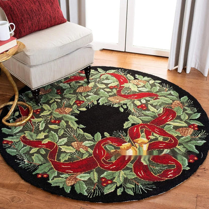 Round Christmas carpet with festive design on soft polyester fibre, showing 60cm and 80cm size options