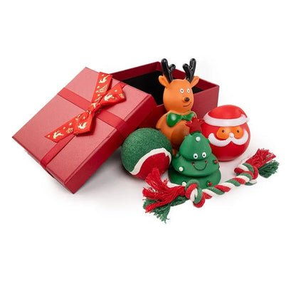 Christmas vinyl dog chew toys set with Santa heads, trees, balls and bite ropes for medium to large dogs
