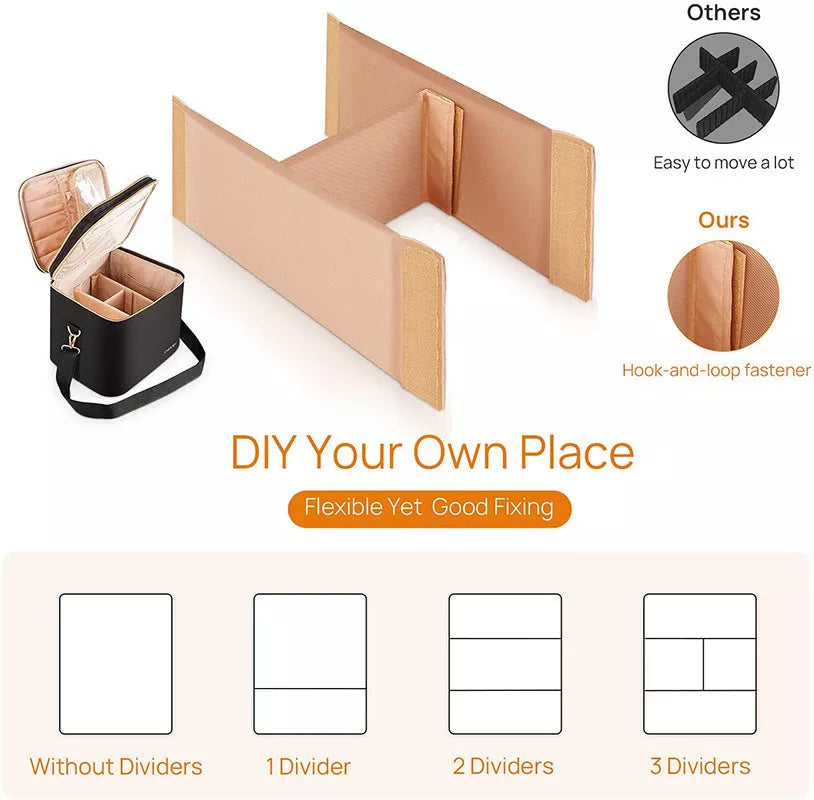 Double layer waterproof cosmetic bag in black with zippered pockets for organized storage