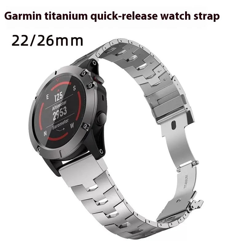 Garmin Jiaming Fenix replacement strap showing silver, black, and titanium colour options with 22mm and 26mm width measurements