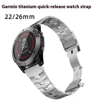 Garmin Jiaming Fenix replacement strap showing silver, black, and titanium colour options with 22mm and 26mm width measurements