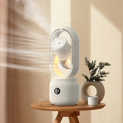 White bladeless portable table fan with humidifier tank on a wooden desk.