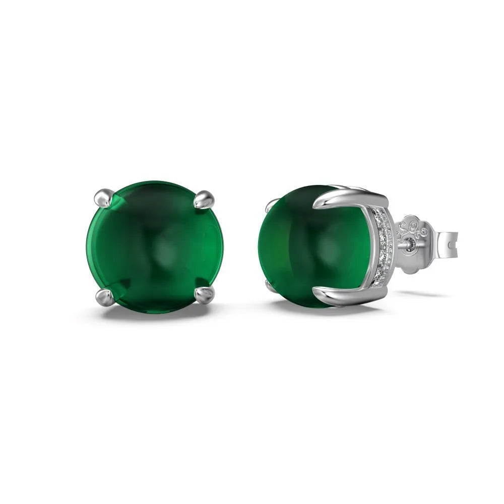 S925 sterling silver stud earrings with green chalcedony, platinum colour finish, geometric round shape, for women