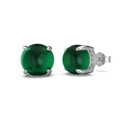 S925 sterling silver stud earrings with green chalcedony, platinum colour finish, geometric round shape, for women