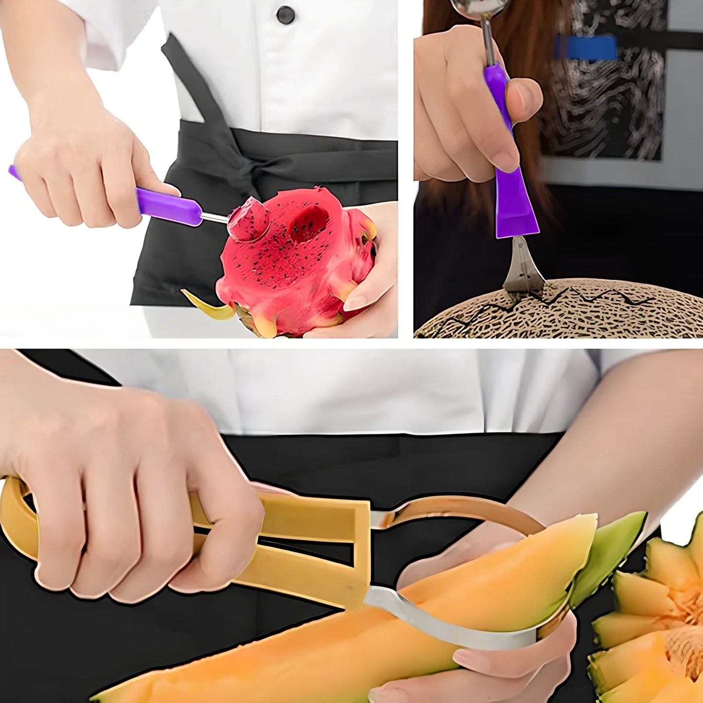 Three nested fruit tools showing V-shaped carver, large scoop and small scoop with PP plastic handles