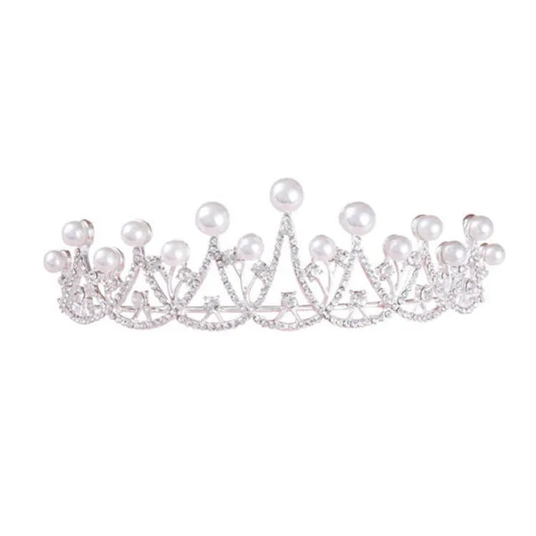 Silver pearl bridal tiara crown with white crystal, adult and children sizes, alloy electroplated