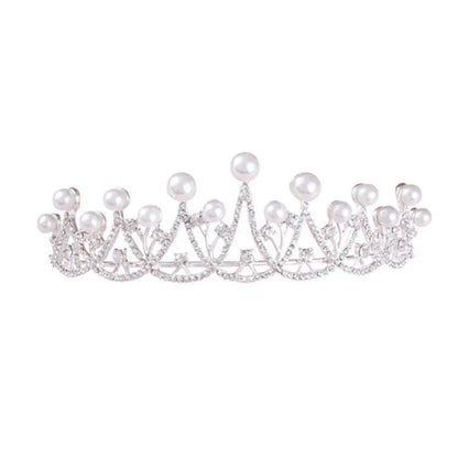 Silver pearl bridal tiara crown with white crystal, adult and children sizes, alloy electroplated