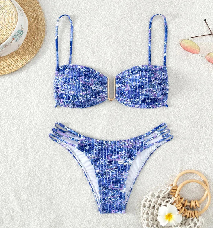 Women's floral bikini swimsuit set with high-waisted briefs in solid colours