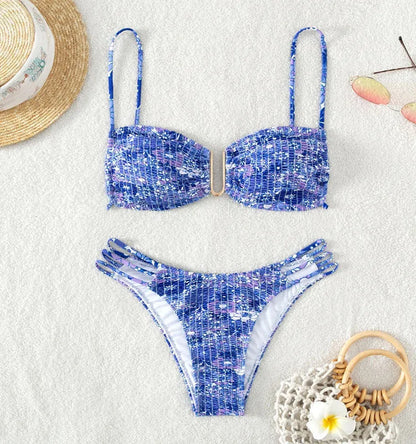 Women's floral bikini swimsuit set with high-waisted briefs in solid colours