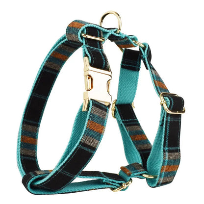 Green retro style cloth dog collar, lead, vest, and bow set displayed together.