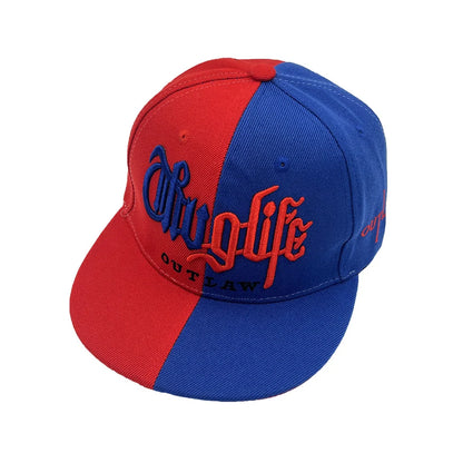 Street hip hop hat with embroidered letters in two colours on dome crown, adult sizing 56-60cm