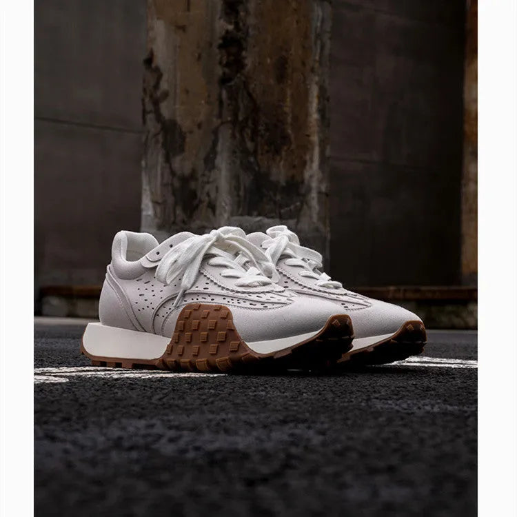 Grey retro thick-soled sneakers with non-slip rubber sole and breathable cloth microfiber leather upper