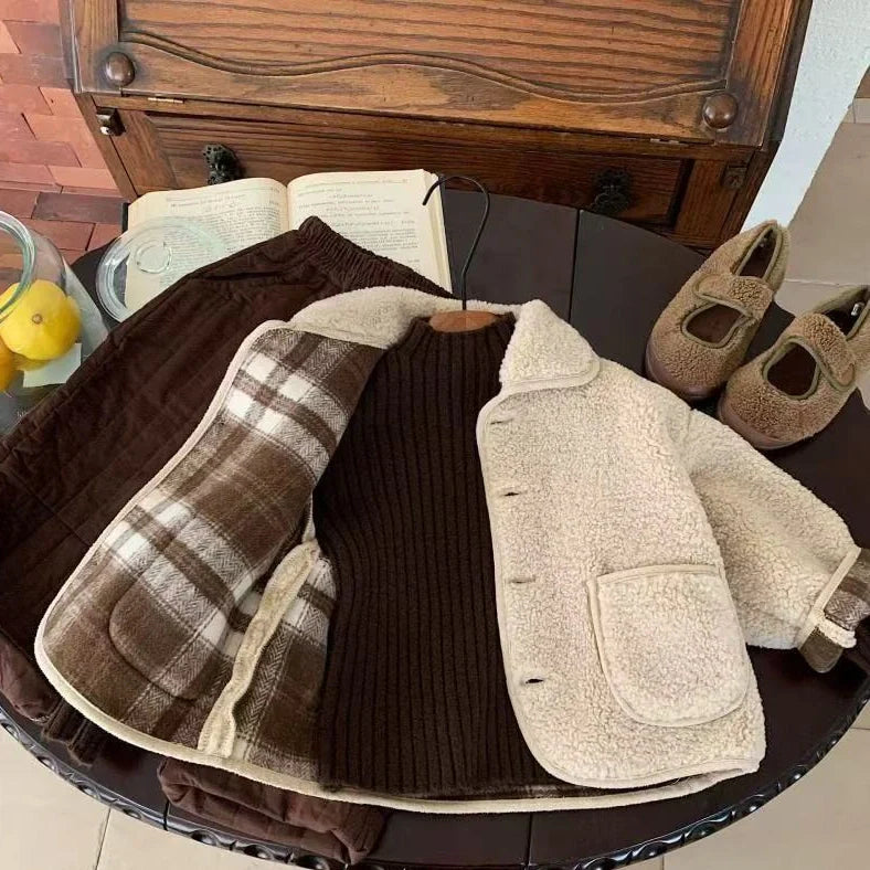 Children's beige one-piece velvet jacket with single-breasted closure showing polyester lining