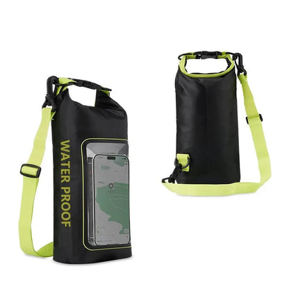 Army green PVC waterproof crossbody bag for mobile phones on a beach.