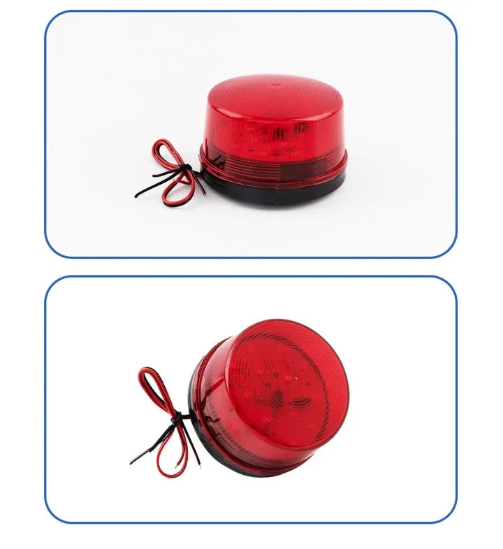 Small Flash 24v warning light showing 73mm diameter, 45mm height with red housing and mounting base