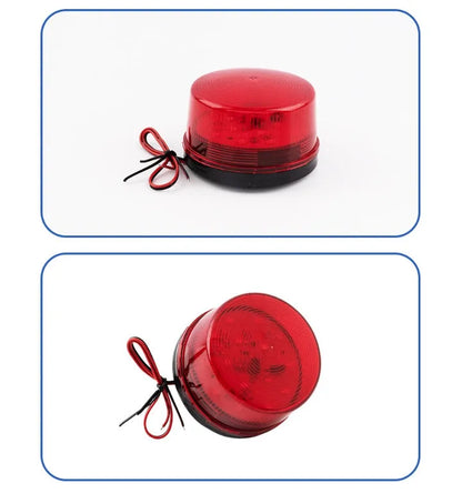 Small Flash 24v warning light showing 73mm diameter, 45mm height with red housing and mounting base