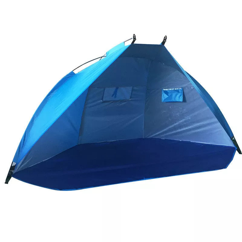 Easy Camping Tent with Outdoor Sun Shade in green, blue, and camouflage colors