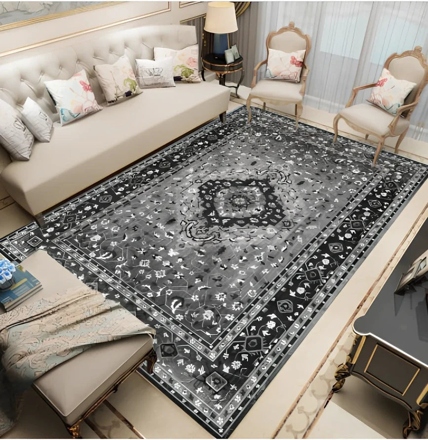 Rectangular Persian floral carpet with machine-woven polyester construction in modern design