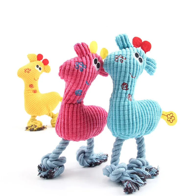 Blue deer-shaped plush dog toy with corn grain texture showing sound module inside