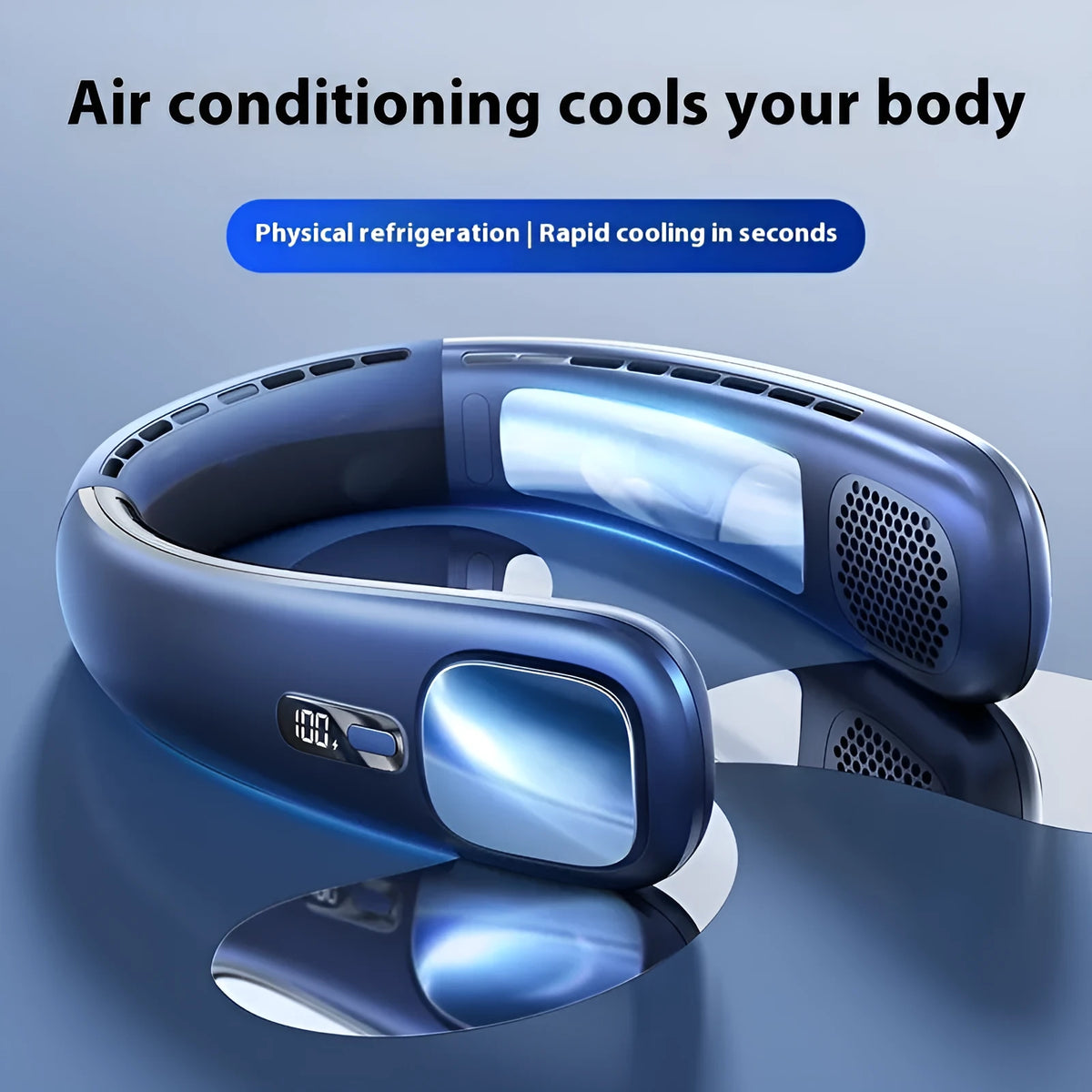 USB rechargeable neck fan in Pearl White or Glacier Blue with three speed settings and quiet under 36dB operation.