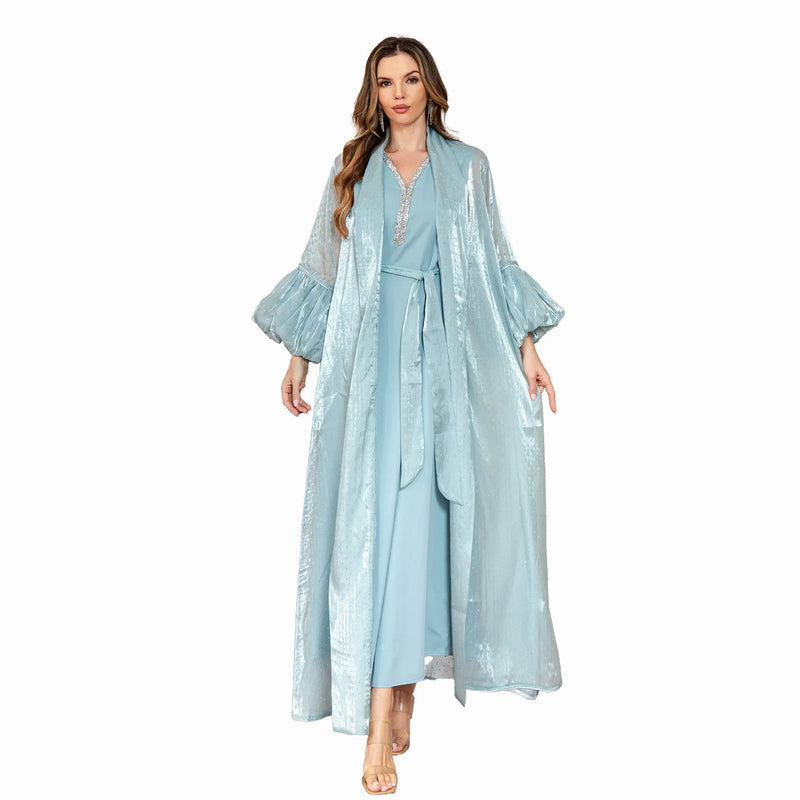 Dubai two-piece set dress Arabic design with rhinestone straps and long skirt length available in blue and brown colour options in Asian size range M L XL XXL for formal events and cultural occasions