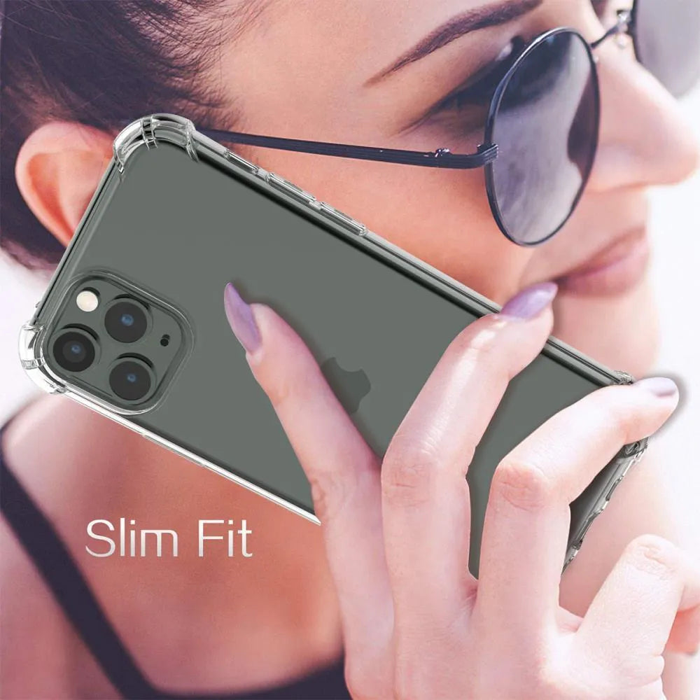 Clear shockproof case for Apple iPhone showing 2mm raised bezel and 1.5mm air cushion corners on a transparent TPU cover