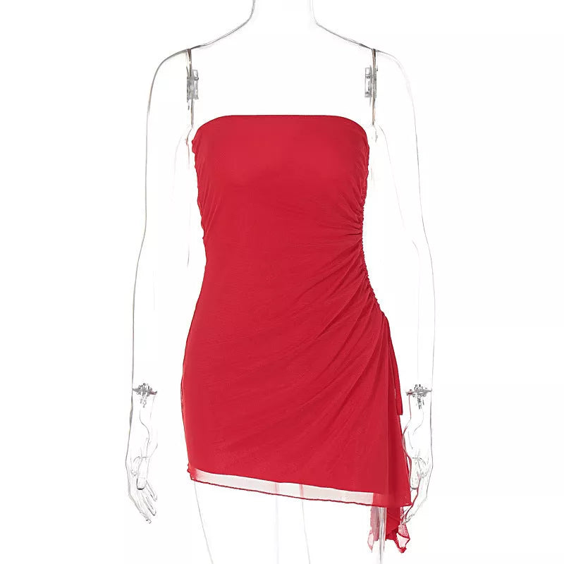 Y2K tube-top split dress in black, pink, wine red, and grey for women