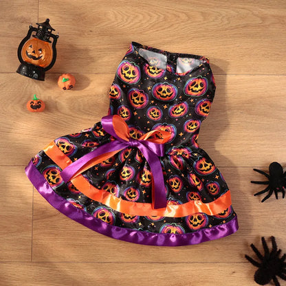 Halloween dog skirt in colourful pumpkin print, double-layer design, size medium on a dog.