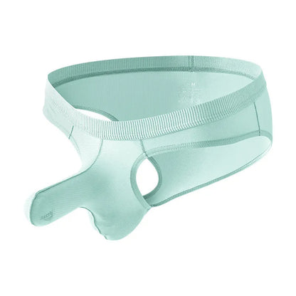 Men's low waist briefs in ice silk fabric, showing knitted weave and low waist design, available in black, gray, light green, pink, purplish blue.