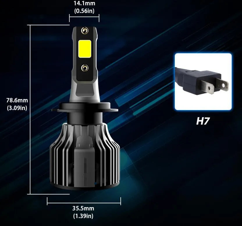 Pair of 6000K white LED car headlight bulbs with adjustable chuck and connector on a dark background.