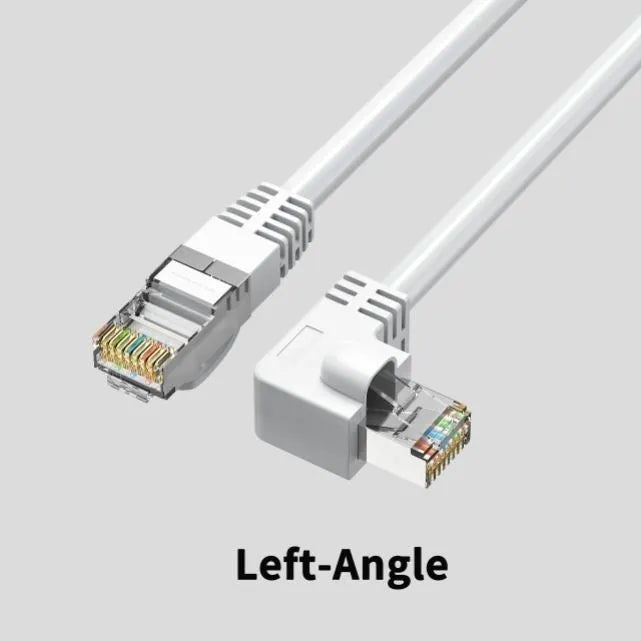 Black Cat6 Ethernet cable with a right-angled metal RJ45 connector, showing the 90-degree bend and cable length.