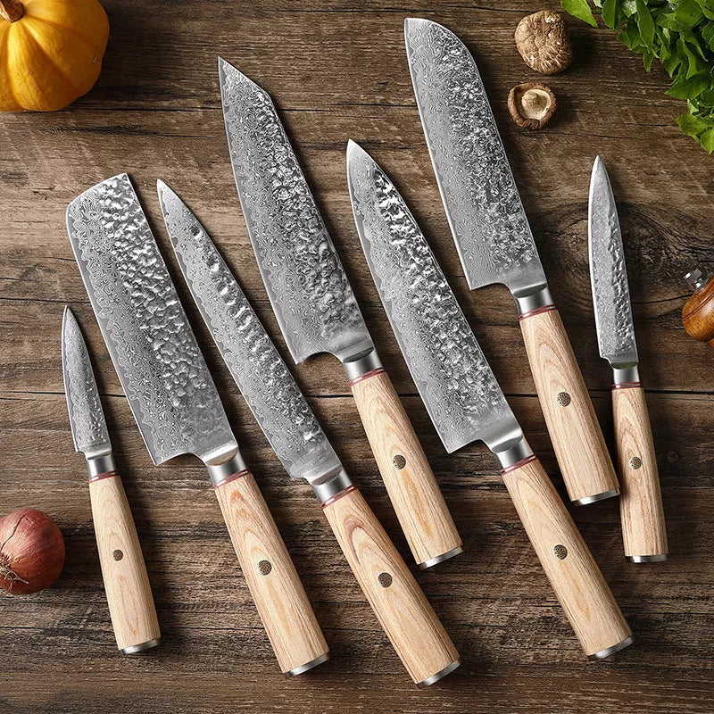 Damascus Steel Hand Kitchen Knife Set with various sizes for precision cutting