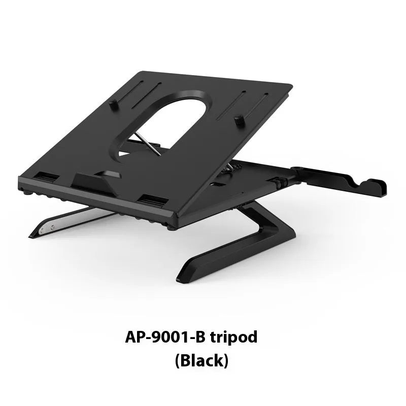 Foldable aluminium laptop stand in black or white, 280 x 280 x 25.5mm, with 9 adjustable angles and cooling slot.