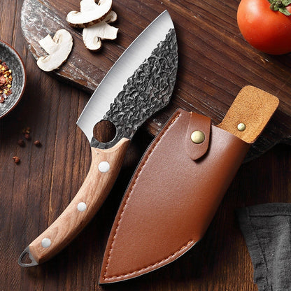 Rugged high-carbon steel outdoor folding knife with antique-inspired hammer pattern design and protective leather sheath