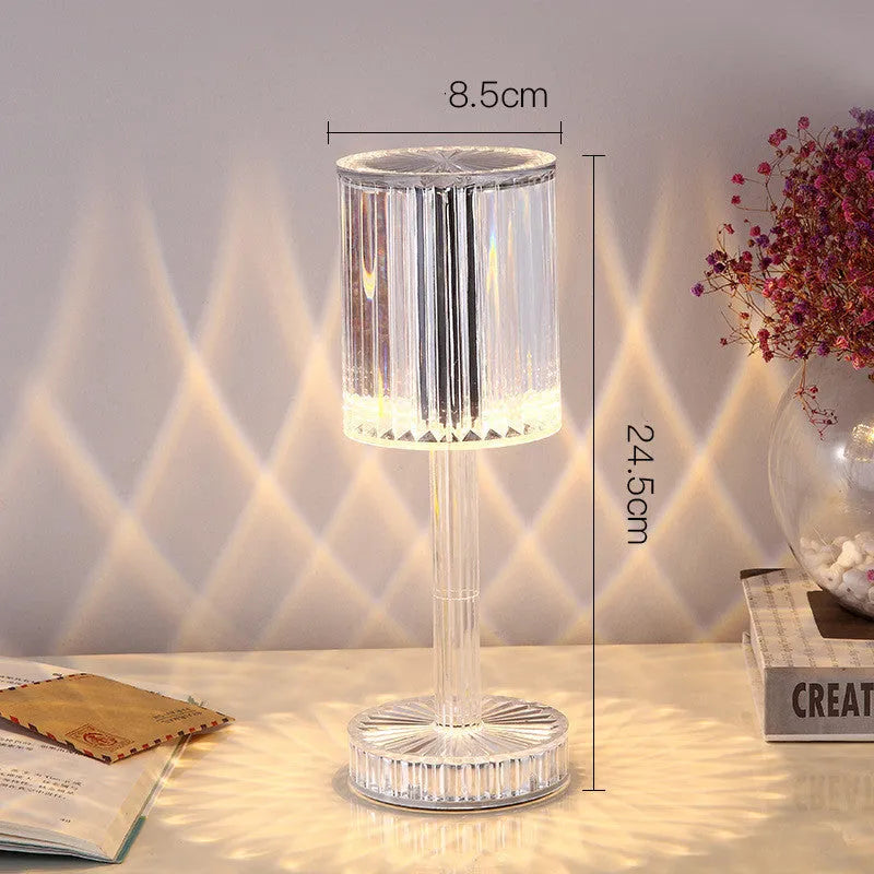 Crystal table lamp with K9 crystal shade and touch dimmable LED lighting on wooden table
