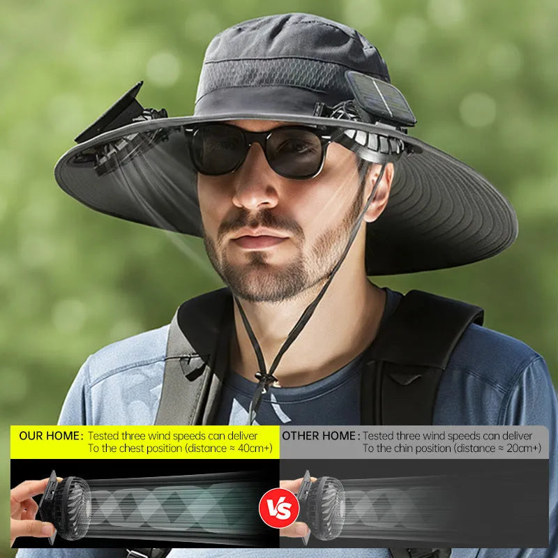 Man wearing a solar-powered fisherman hat with built-in fan for outdoor fishing or hiking
