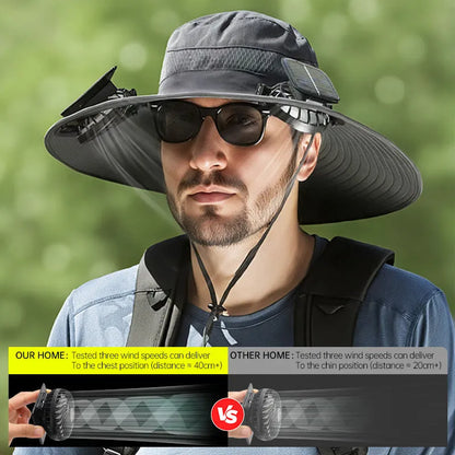 Man wearing a solar-powered fisherman hat with built-in fan for outdoor fishing or hiking